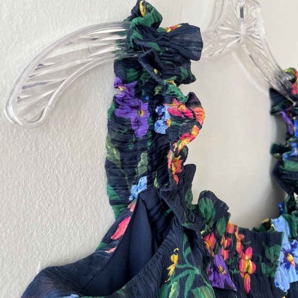 Club Monaco Oversized Silk‎ Lined Tiered Floral Stretch Navy Dress, Size 4 or 6 - Picture 7 of 15